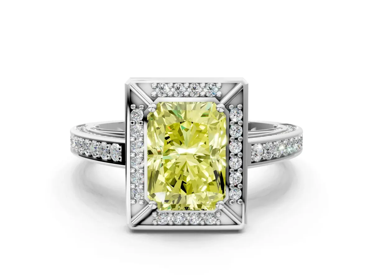 Fancy Yellow Radiant Cut Cut Halo Pave Split Shank Prong Setting Ring Platinum