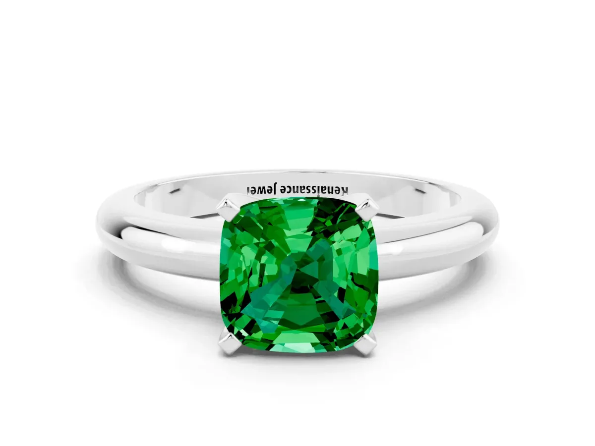 Cushion Cut Emerald Solitaire Engagement Ring with Round Band and Four-Prong Setting Silver