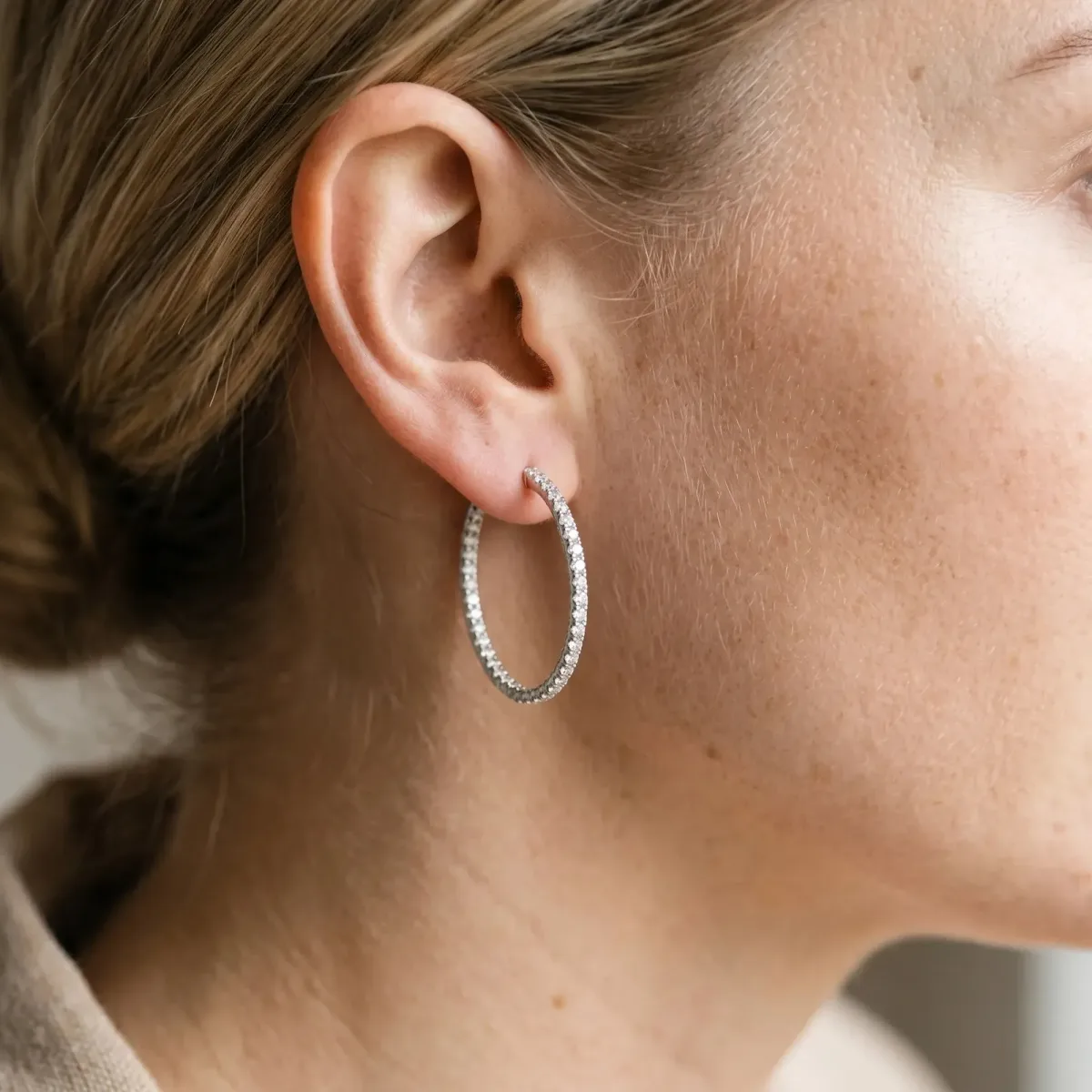 Round Diamond Pave Hoop Earrings with Prong Setting White gold