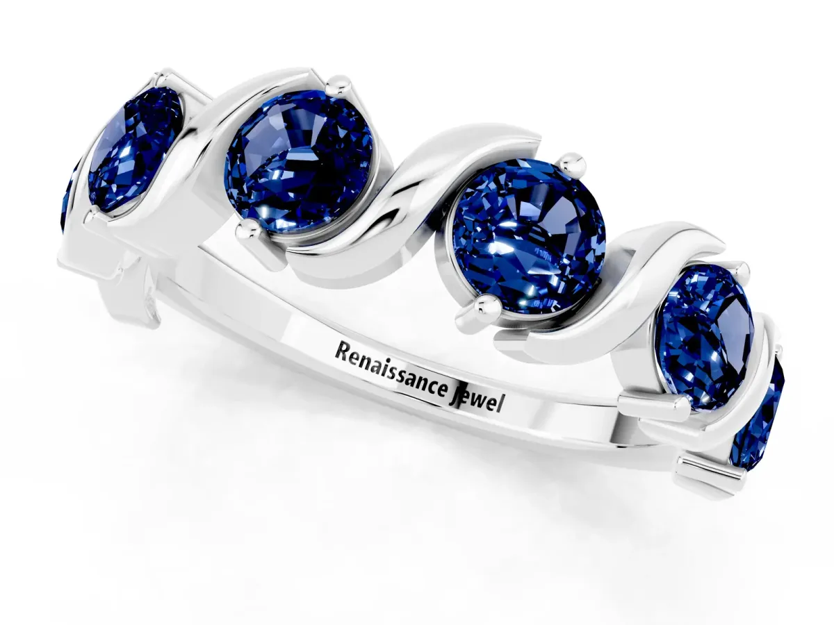 Six-Stone Round Blue Sapphire Wave Band with Shared Prong Setting Platinum