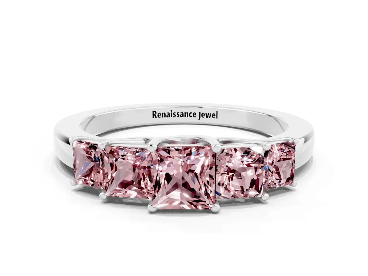 Princess Cut Five-Stone Morganite Ring with Classic Prong Setting White gold