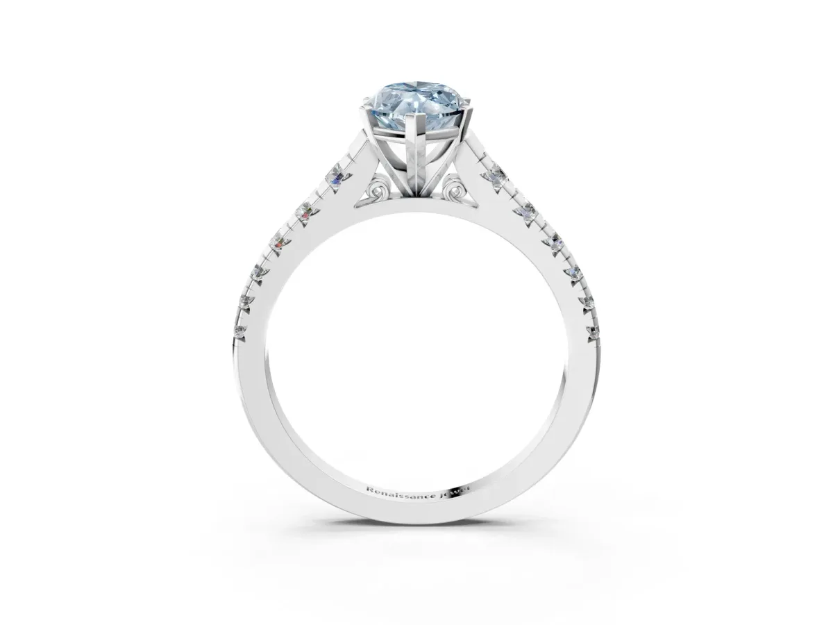Fancy Blue Marquise Cut Diamond Cathedral Solitaire Ring with Round Pavé Band Silver