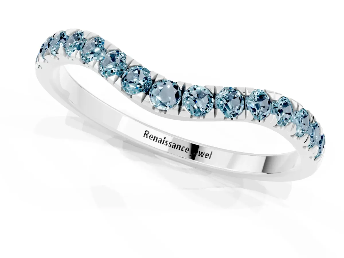 Curved Pavé Round Aquamarine Wedding Band with Shared Prong Setting Silver
