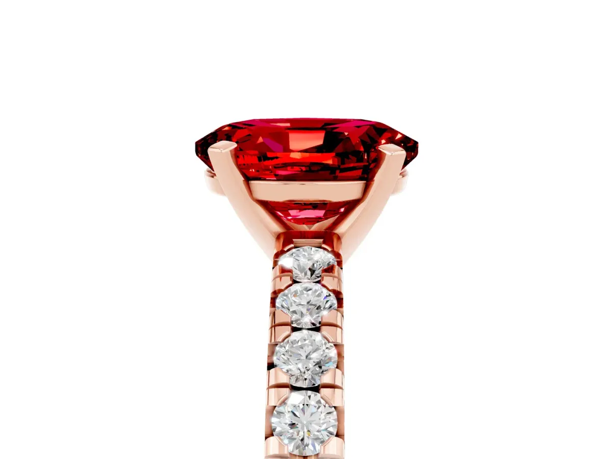 Oval Cut Ruby Solitaire Pavé Engagement Ring with Round Band and Prong Setting Rose gold