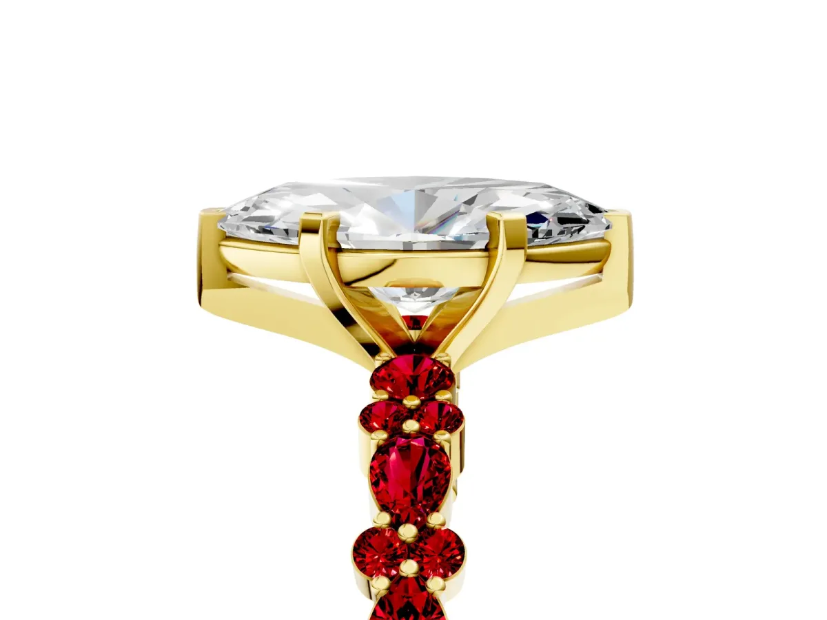 Marquise Cut Diamond Side Stone Solitaire Ring with Round Ruby and Four-Prong Setting Yellow gold