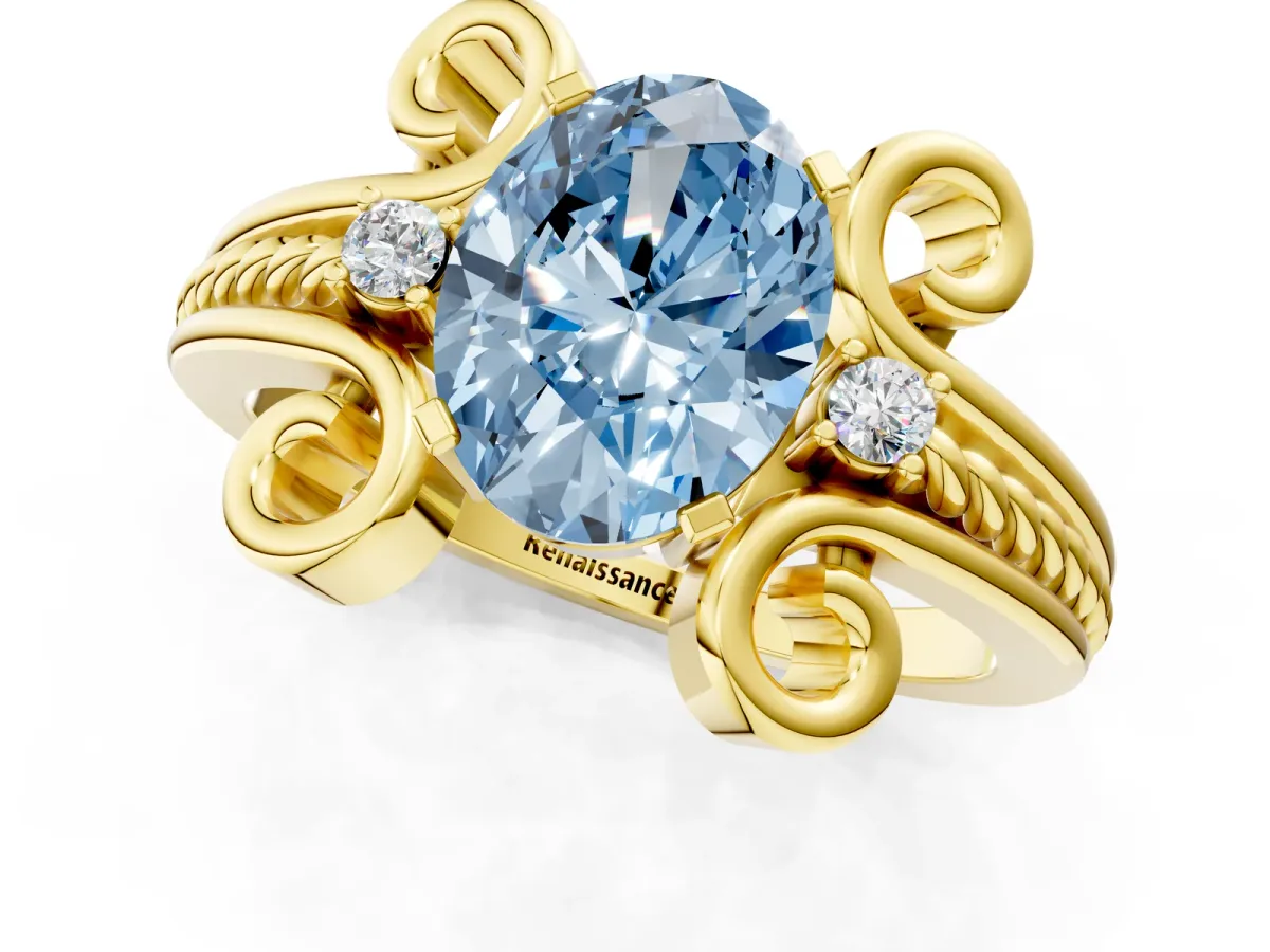 Fancy Blue Oval Cut Solitaire Twisted Band Scroll Prong Ring Yellow gold
