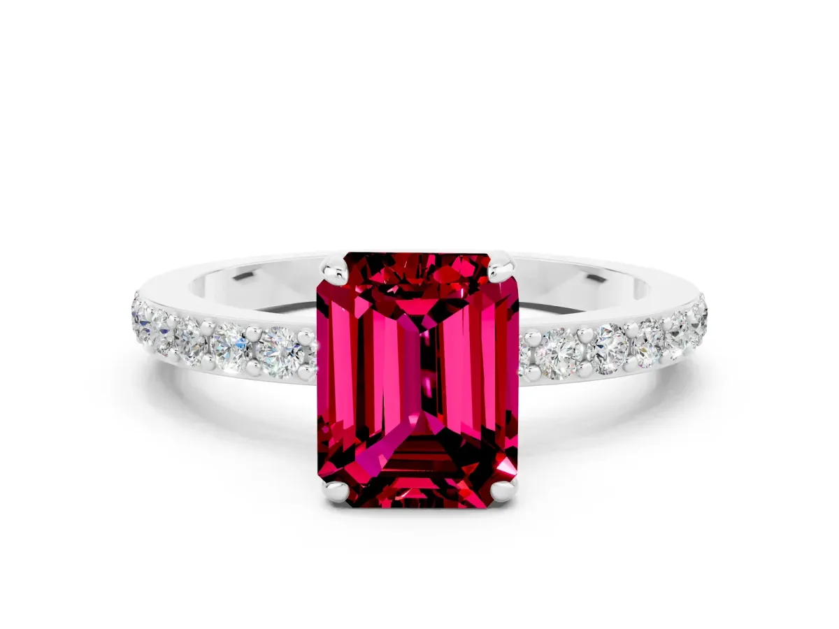 Emerald Cut Garnet Solitaire Engagement Ring with Pavé Band and Four-Prong Setting Silver