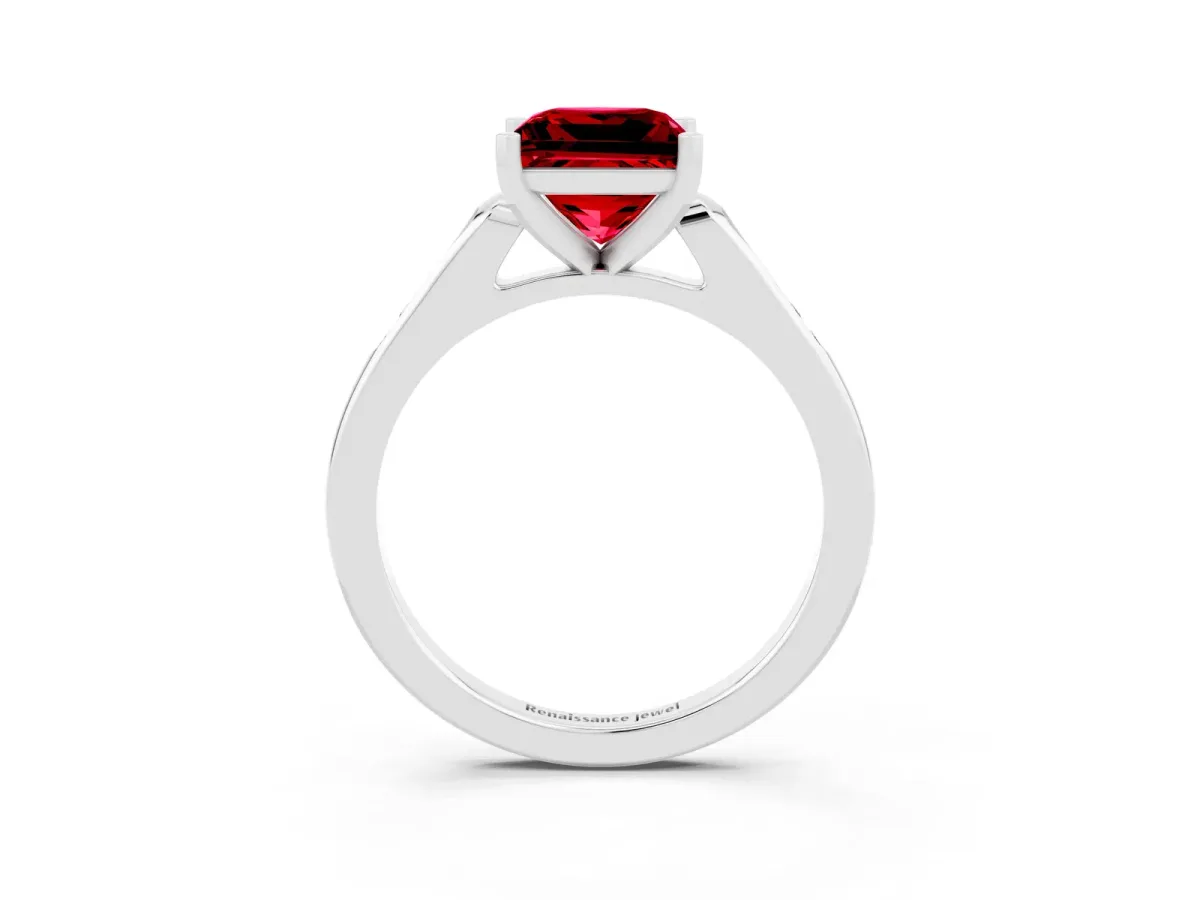 Princess Cut Ruby Solitaire Ring with Channel Set Round Band and Prong Setting White gold