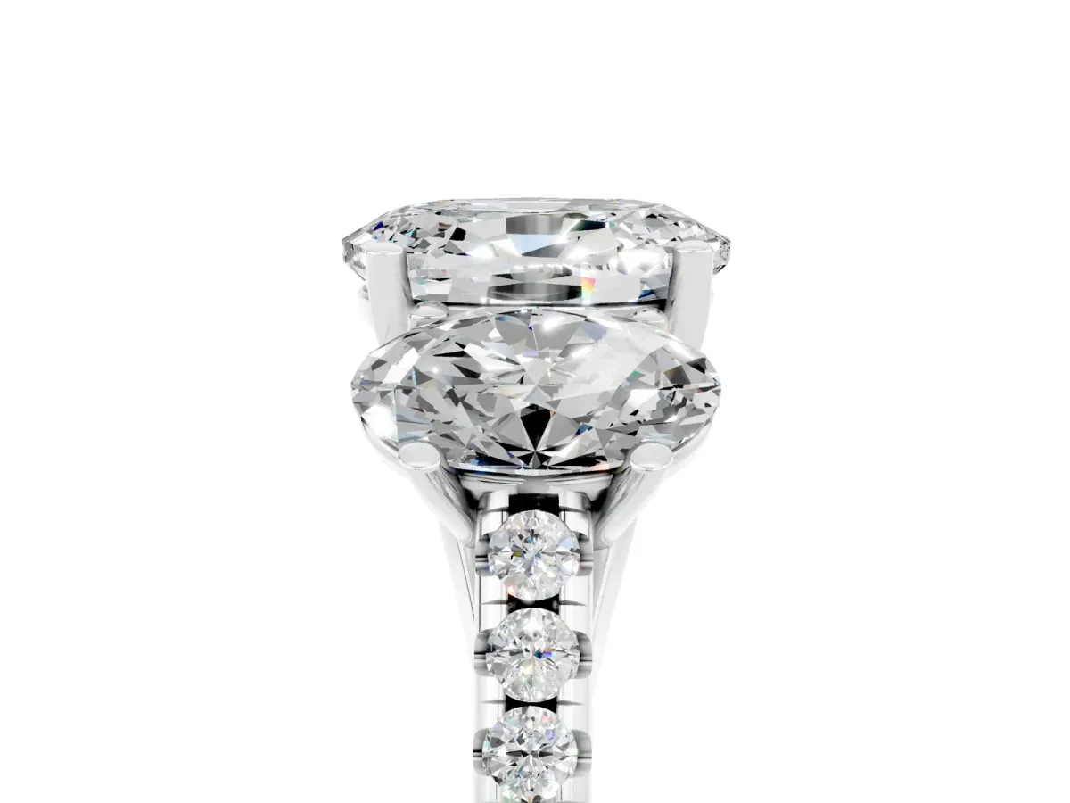 Three-Stone Oval Cut Moissanite Ring with Round Pavé Band and Prong Setting Silver