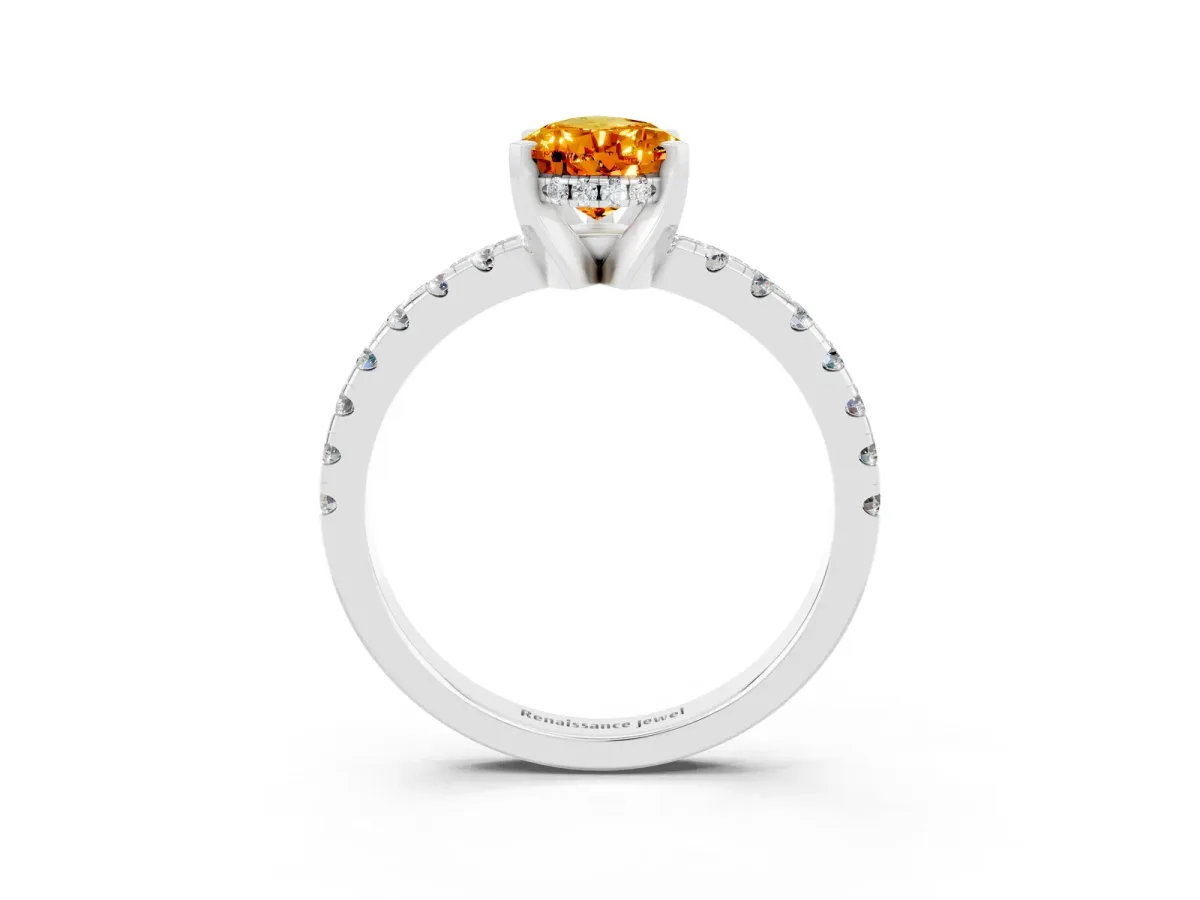 Pear Cut Citrine Solitaire Ring with Round Pavé Band and Four-Prong Setting Silver