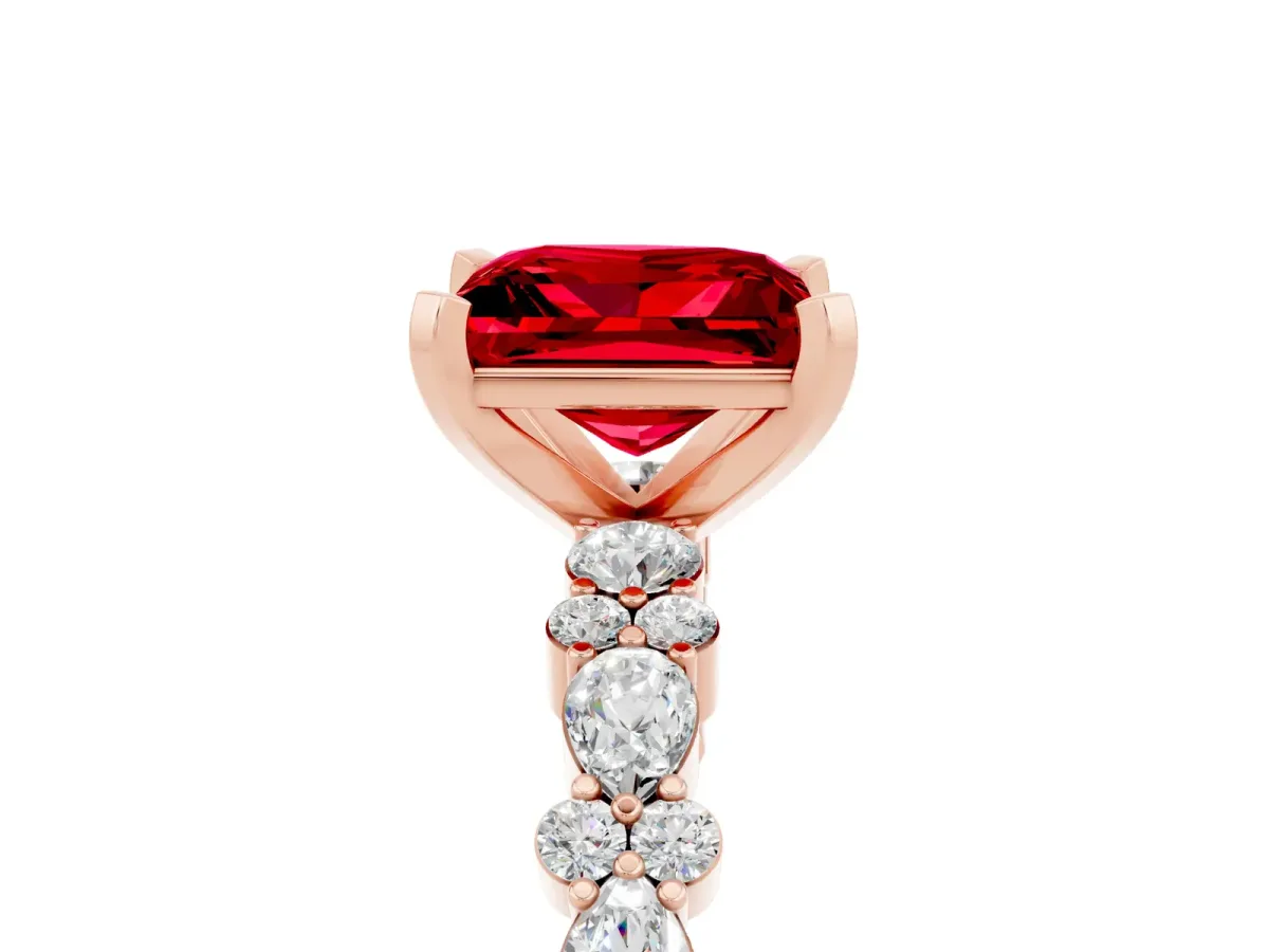Princess Cut Ruby Side Stone Solitaire Ring with Round and Four-Prong Setting Rose gold