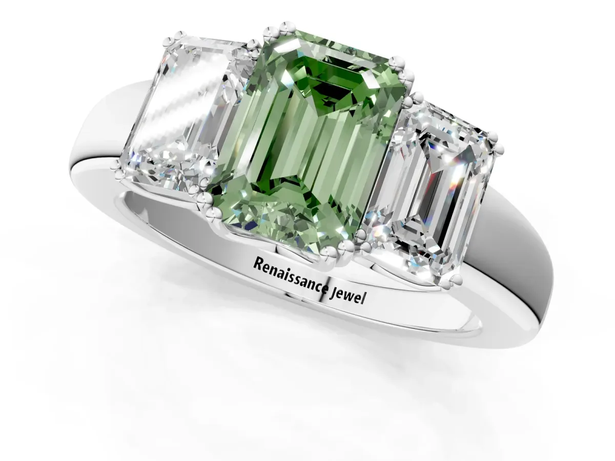 Fancy Green Three-Stone Emerald Cut Cut Diamond Ring with Channel Set Band and Four-Prong Setting Silver