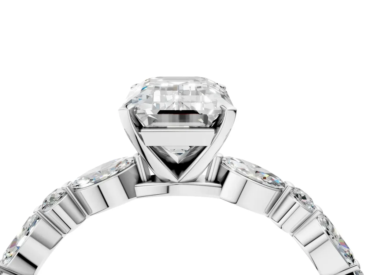 Emerald Cut Diamond Ring with Marquise and Round Side Stones and Four-Prong Setting Silver