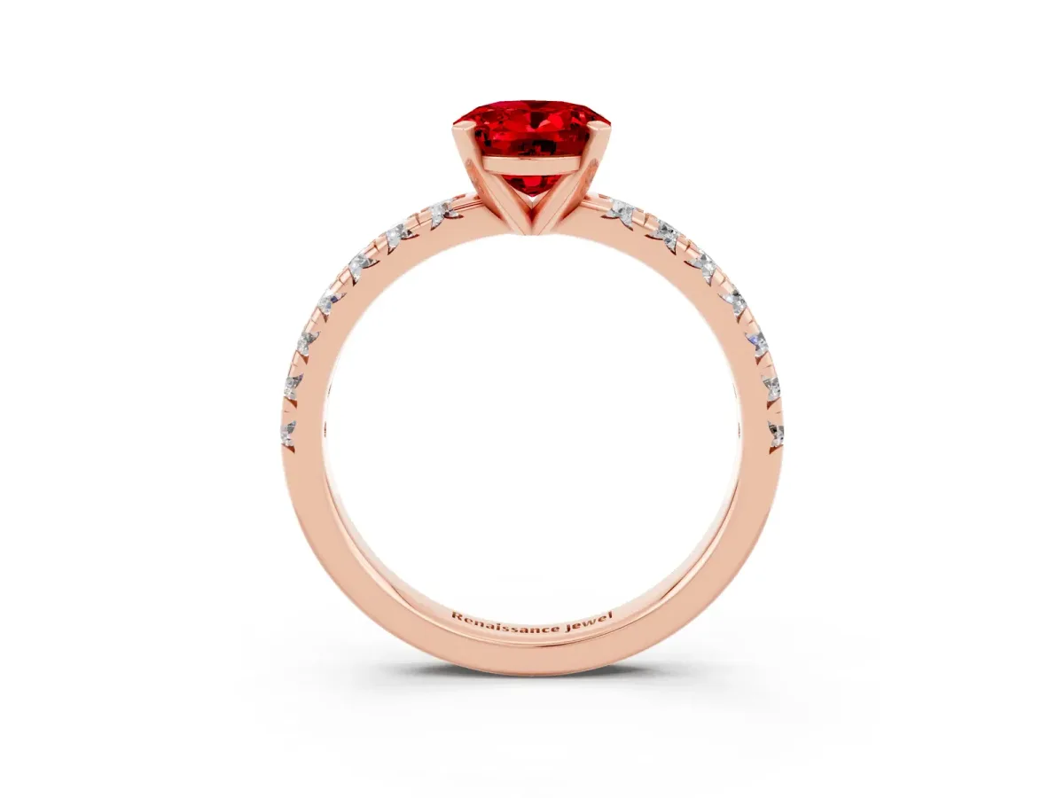 Oval Cut Ruby Solitaire Pavé Engagement Ring with Round Band and Prong Setting Rose gold
