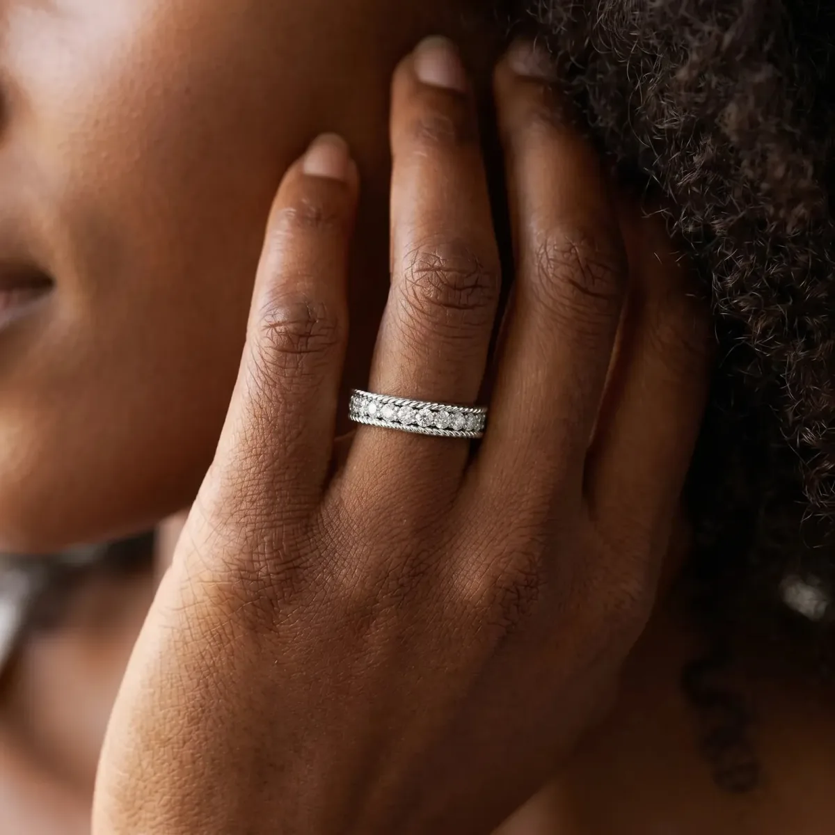 Channel Set Round Diamond Milgrain Edge Band Silver
