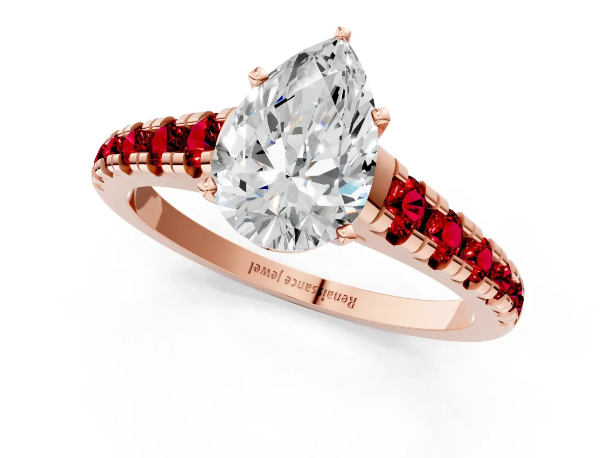 Pear Cut Diamond Cathedral Solitaire Ring with Round Ruby Pavé Band Rose gold