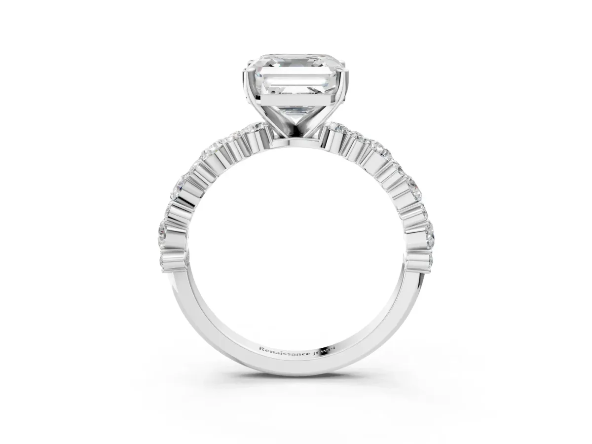 Asscher Cut Diamond Side Stone Solitaire Ring with Round Moissanite and Four-Prong Setting Platinum