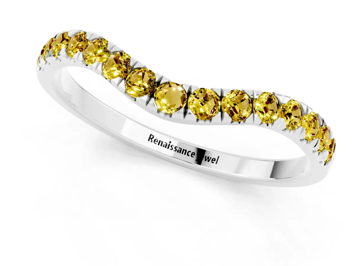 Curved Pavé Round Yellow Sapphire Wedding Band with Shared Prong Setting Platinum