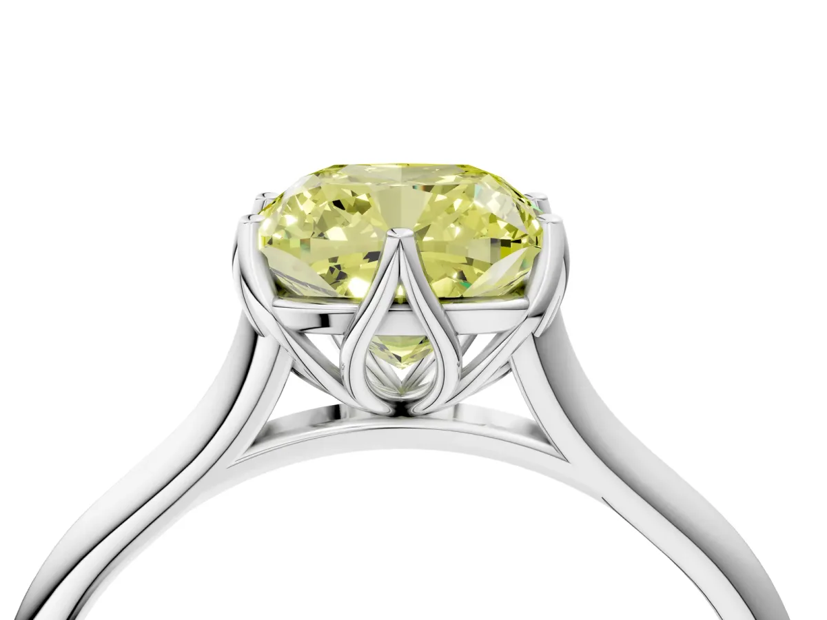 Fancy Yellow Cushion Cut Solitaire Cathedral Diamond Ring with Six-Prong Setting Silver