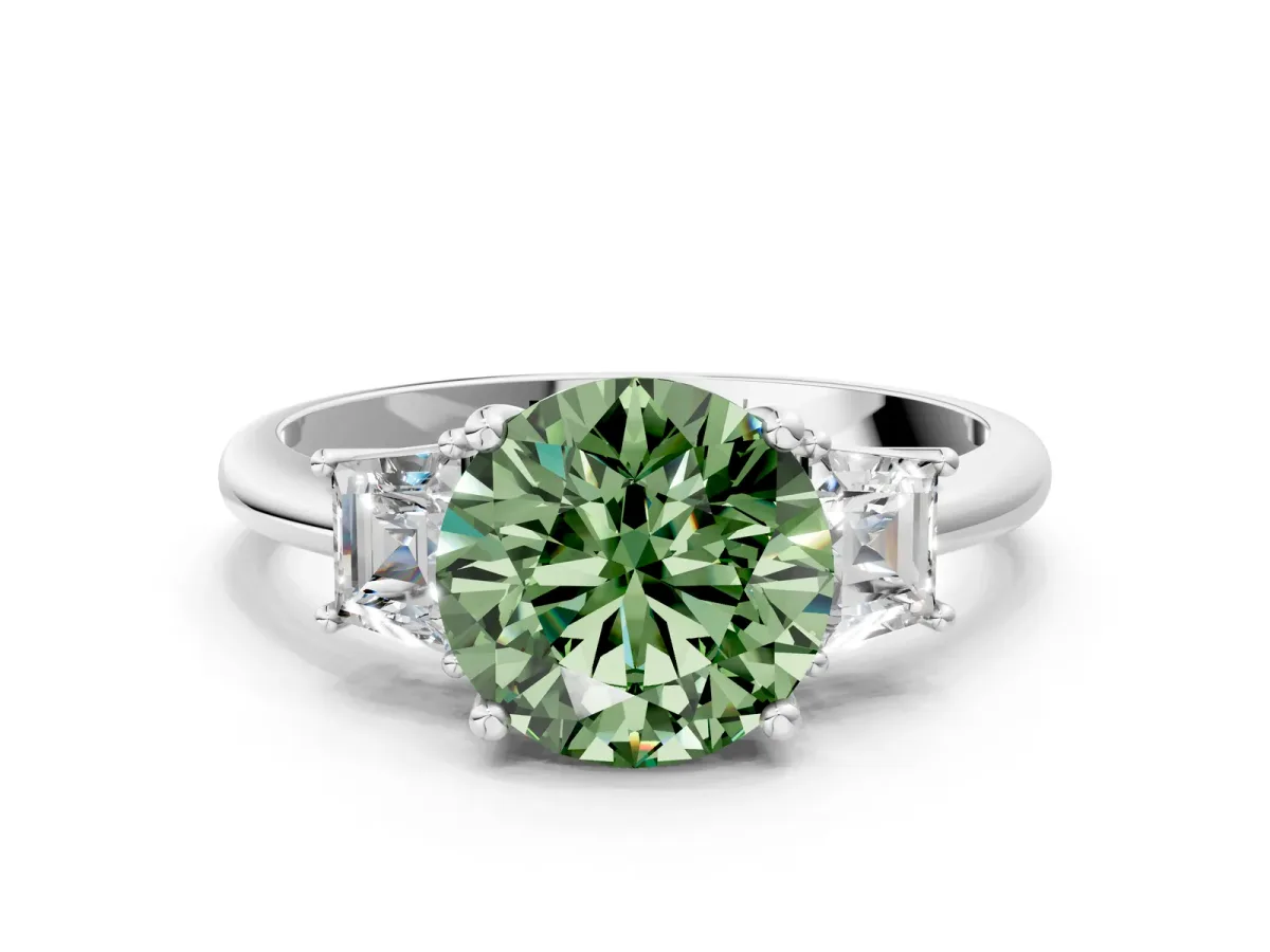 Fancy Green Round Cut Diamond Three-Stone Ring with Trapezoid Side Stones and Prong Setting Silver