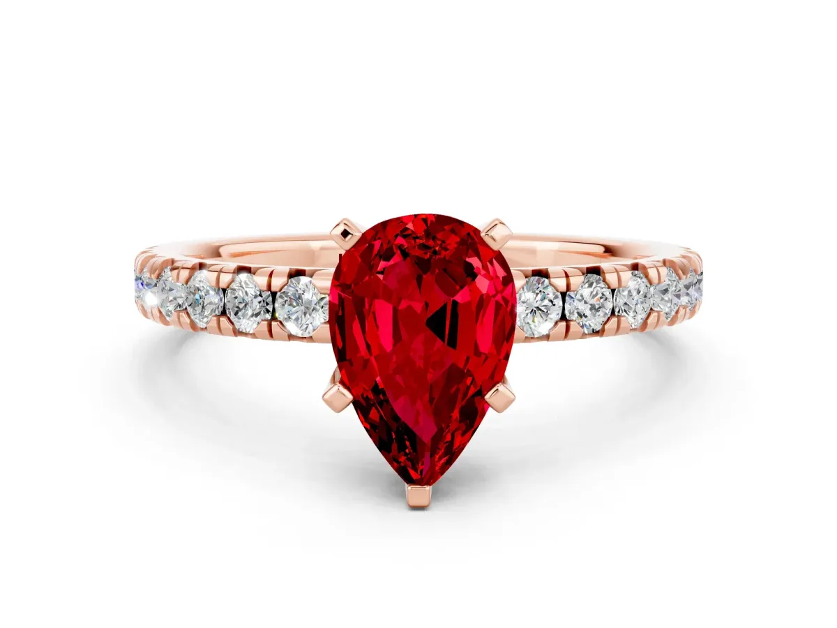 Pear Cut Ruby Solitaire Pavé Engagement Ring with Round Band and Prong Setting Rose gold