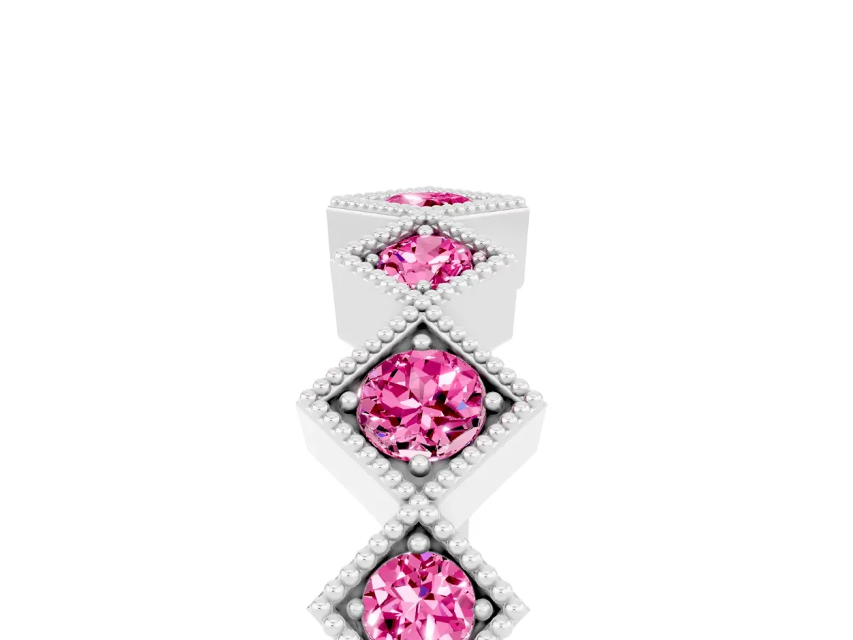 Milgrain Square Bezel Round Pink Sapphire Chevron Band Platinum