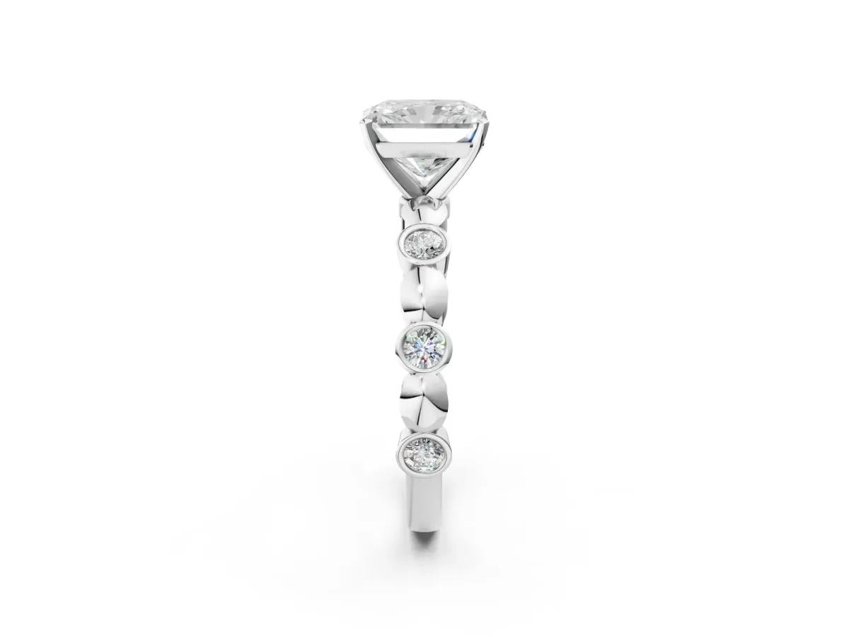 Radiant Cut Solitaire Bezel-Set Diamond Ring with Beaded Band and Four-Prong Setting Platinum