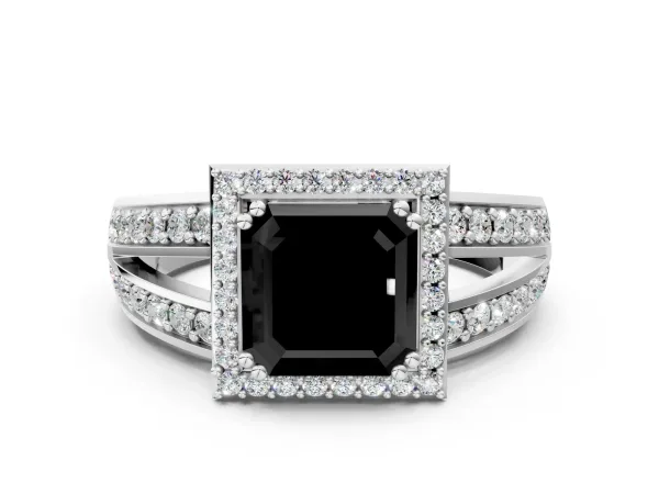 Fancy Black Asscher Cut Diamond Halo Ring with Split Shank Pavé Band and Four-Prong Setting Platinum