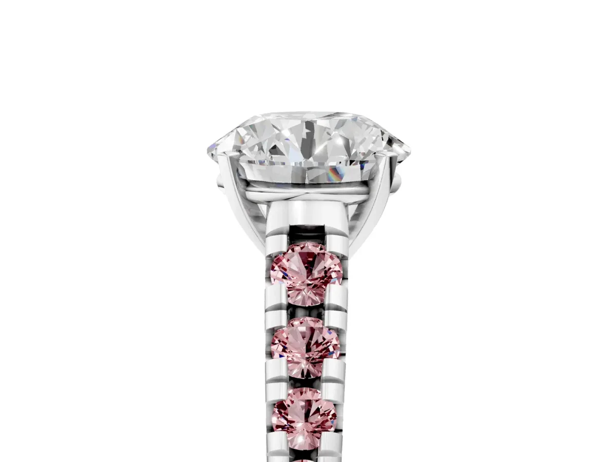 Round Cut Diamond Cathedral Solitaire Ring with Round Morganite Pavé Band Silver