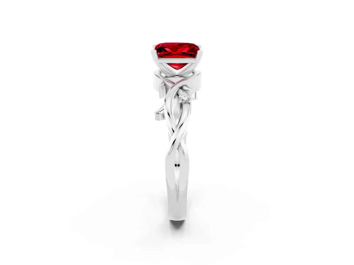 Princess Cut Ruby Solitaire Ring with Twisted Band and Prong Setting White gold
