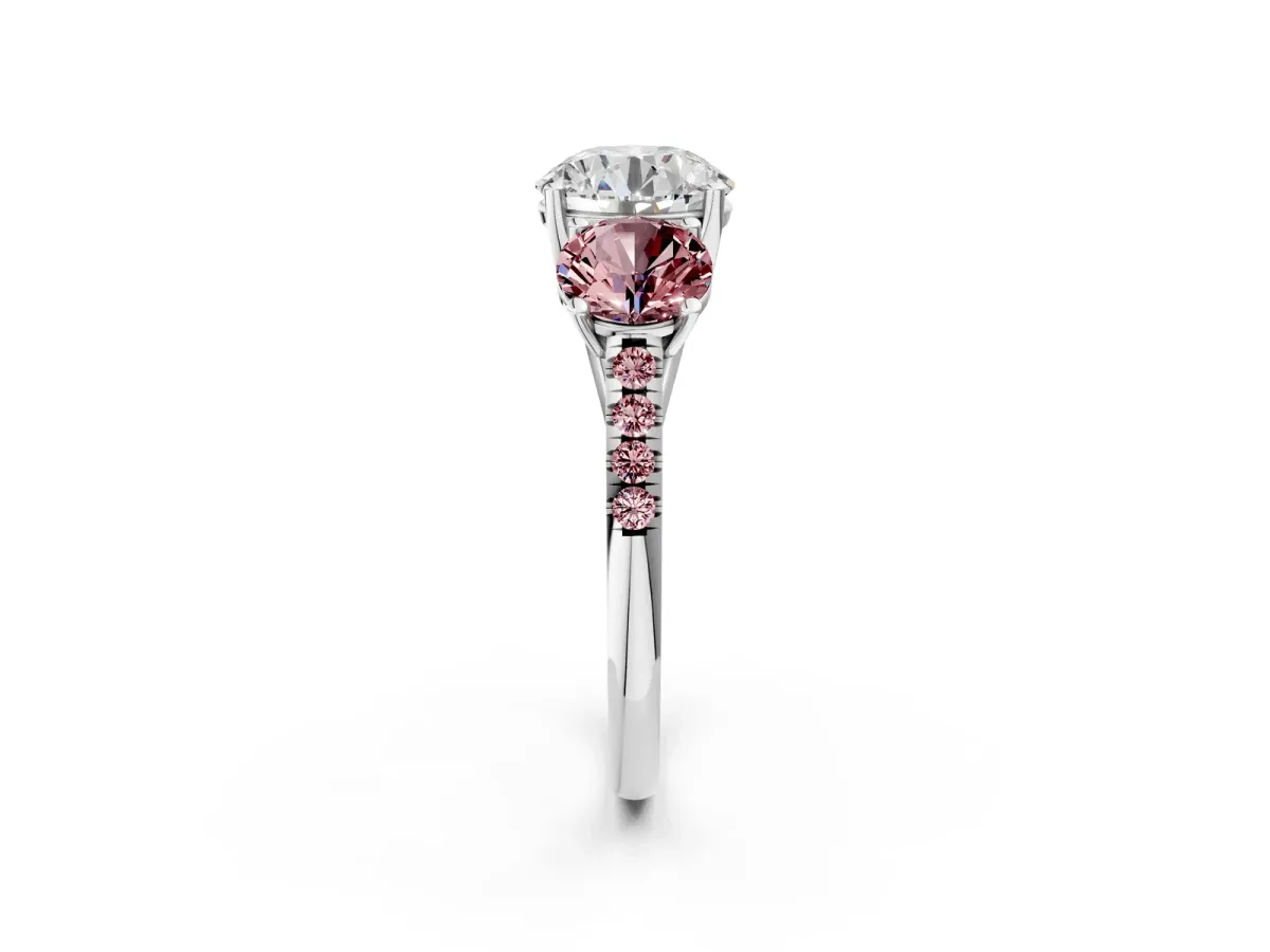 Three-Stone Round Cut Diamond Ring with Round Morganite Pavé Band and Prong Setting Platinum