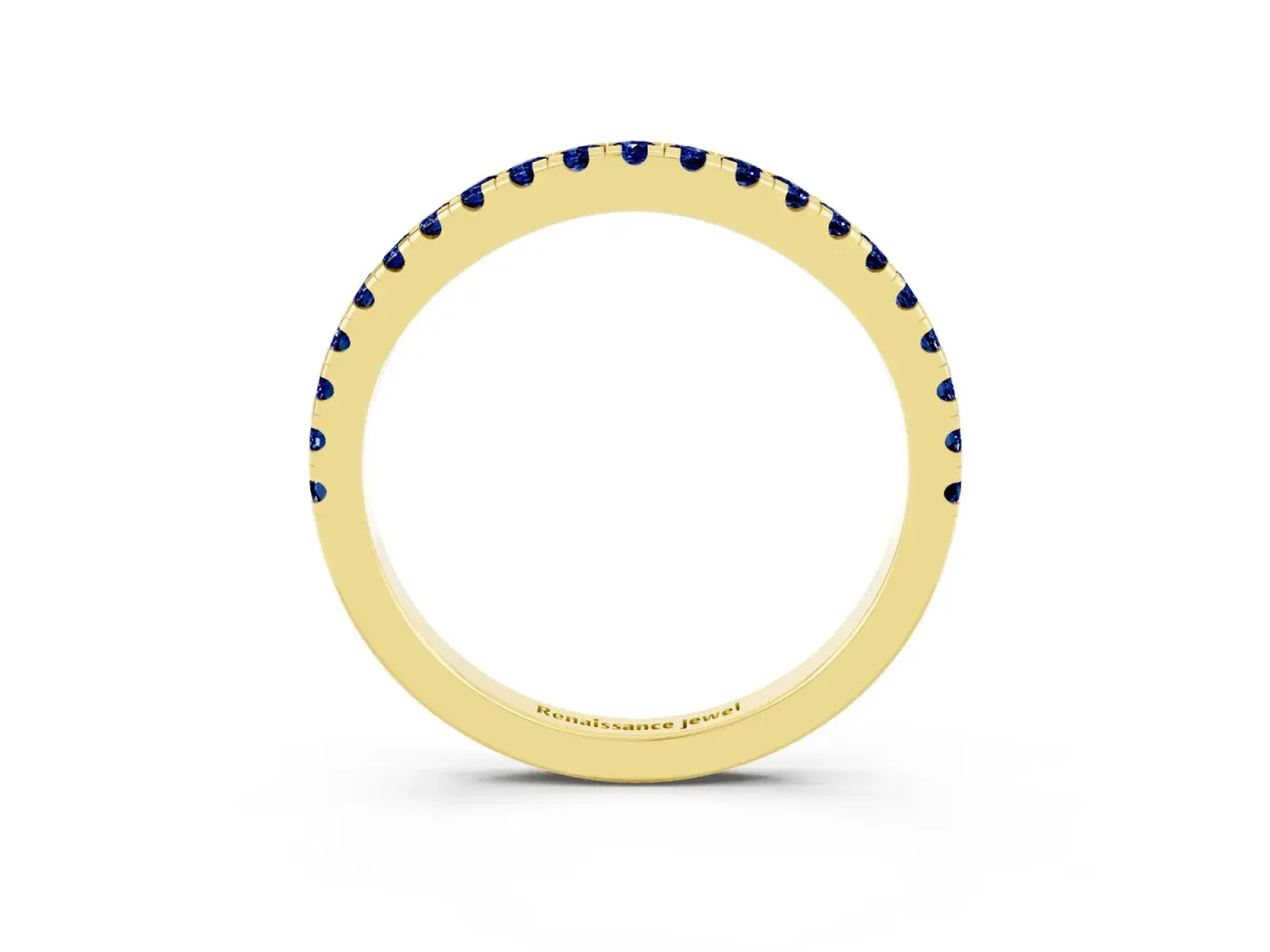 Round Blue Sapphire Pavé Half Eternity Band with Shared Prong Setting Yellow gold