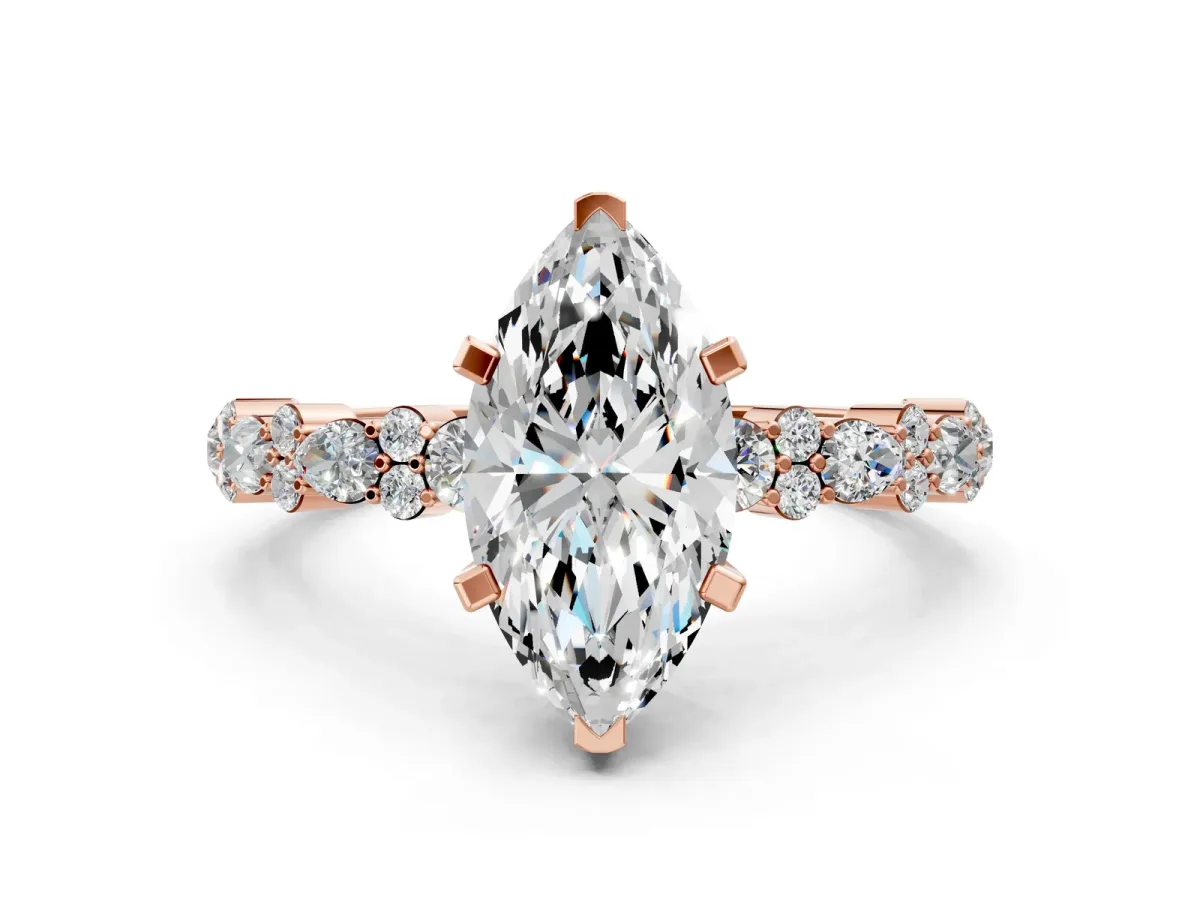Marquise Cut Diamond Side Stone Solitaire Ring with Round and Four-Prong Setting Rose gold