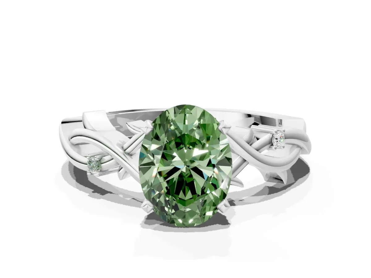 Fancy Green Oval Cut Diamond Solitaire Ring with Twisted Band and Prong Setting Platinum