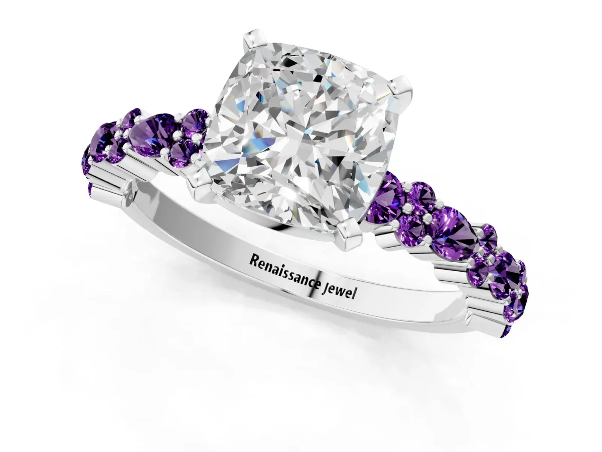 Cushion Cut Diamond Side Stone Solitaire Ring with Round Amethyst and Four-Prong Setting White gold