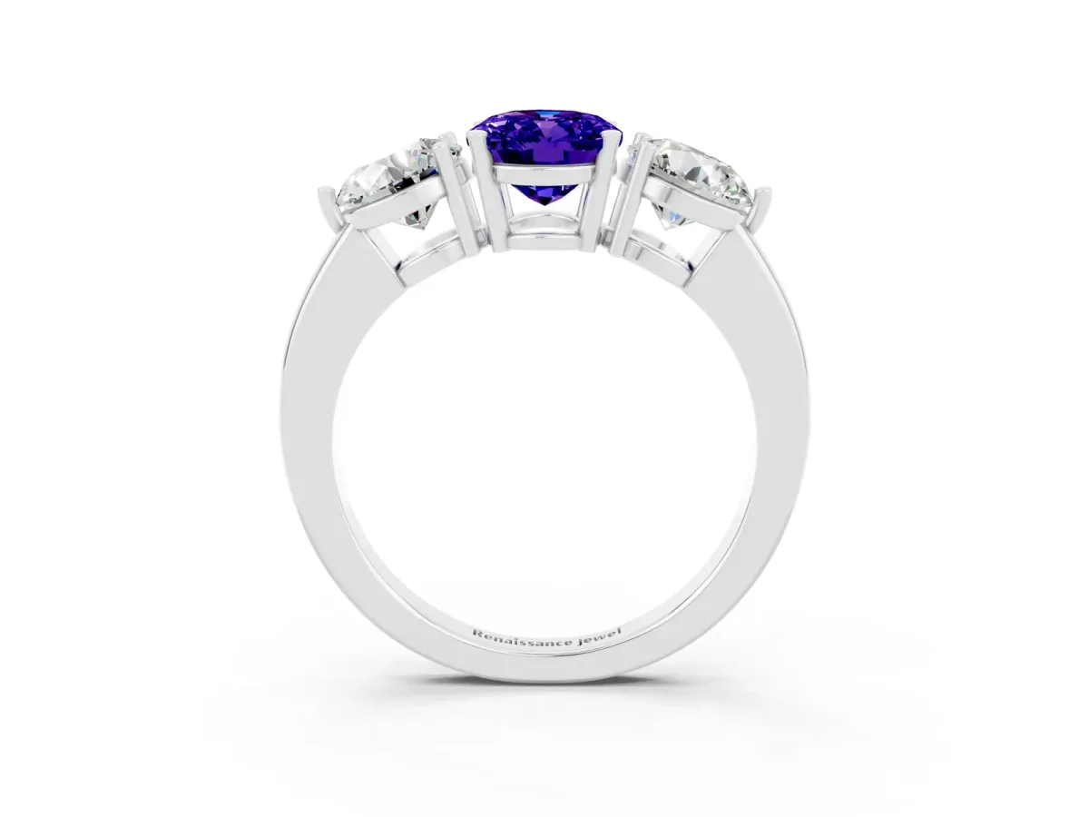 Oval Cut Tanzanite Three-Stone Ring with Prong Setting and Classic Band White gold