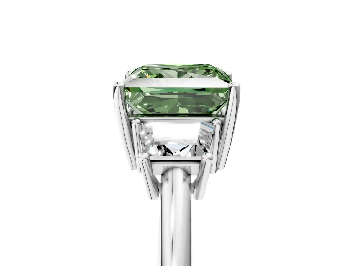 Fancy Green Princess Cut Diamond Three-Stone Ring with Trapezoid Side Stones and Prong Setting Silver