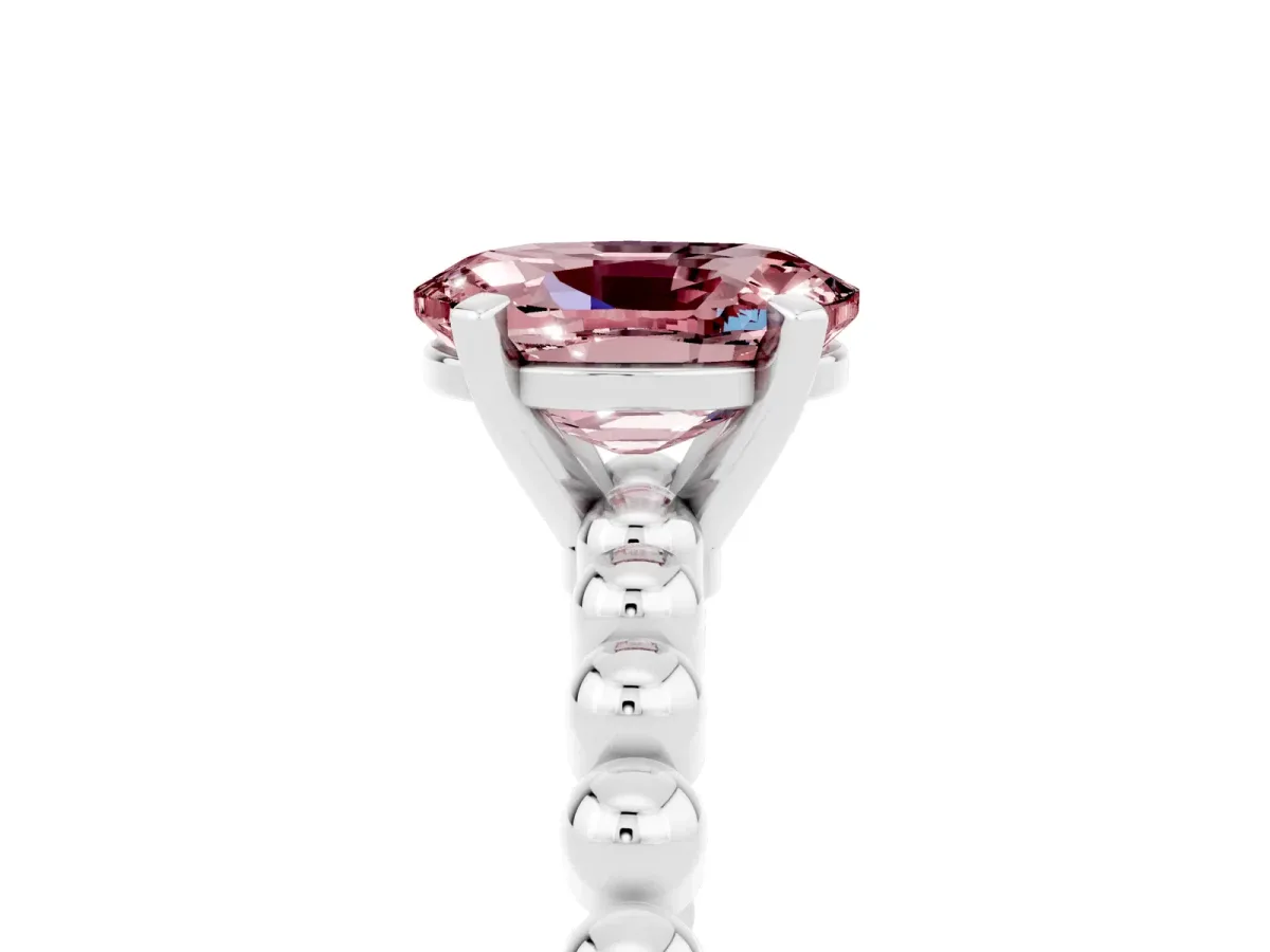 Oval Cut Morganite Solitaire Ring with Beaded Band and Prong Setting Platinum