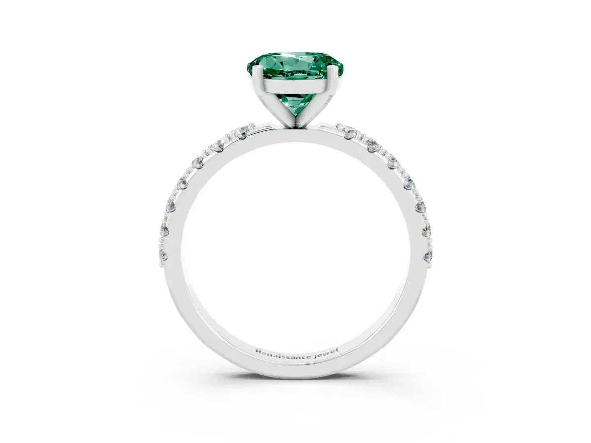 Round Cut Green Sapphire Solitaire Pavé Band with Four-Prong Setting Silver