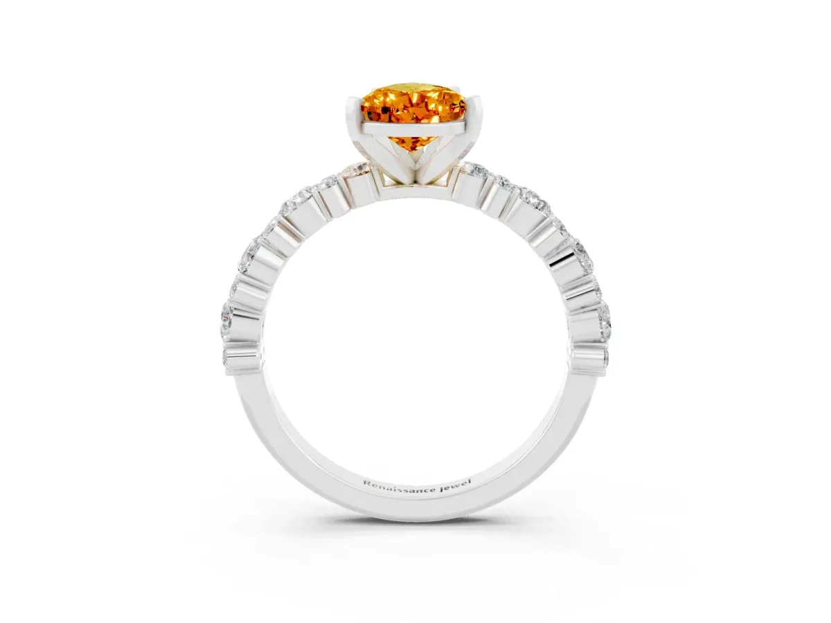 Pear Cut Citrine Side Stone Solitaire Ring with Round and Four-Prong Setting White gold