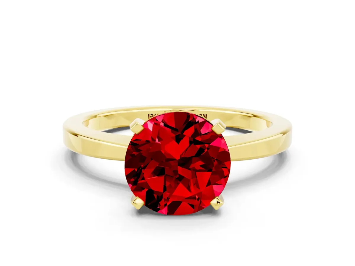 Round Cut Ruby Solitaire Engagement Ring with Classic Band and Four-Prong Setting Yellow gold