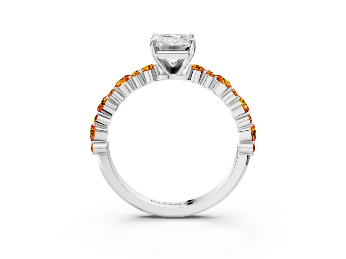 Emerald Cut Diamond Side Stone Solitaire Ring with Round Citrine and Four-Prong Setting White gold