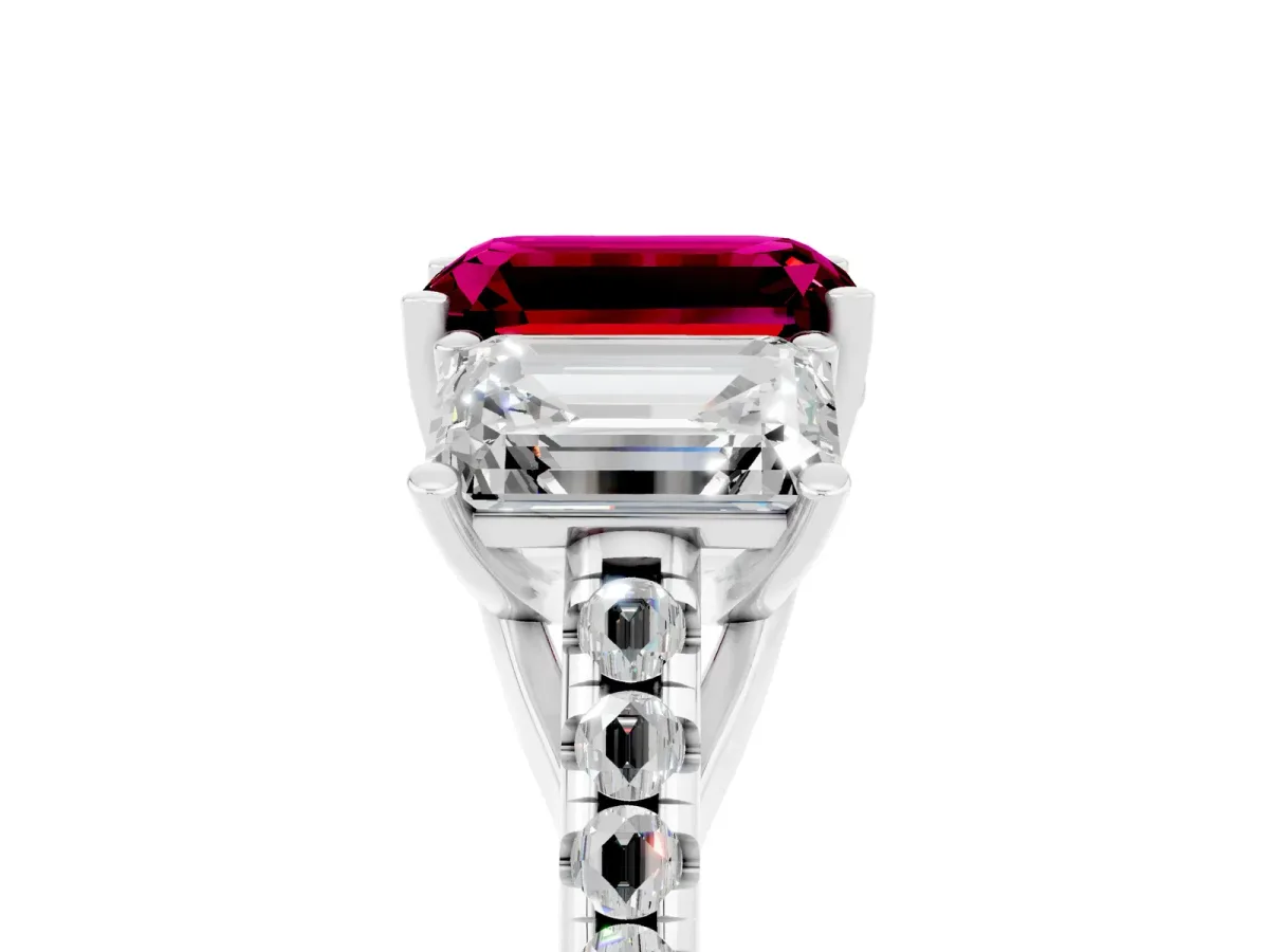 Three-Stone Emerald Cut Garnet Ring with Round Pavé Band and Prong Setting Platinum