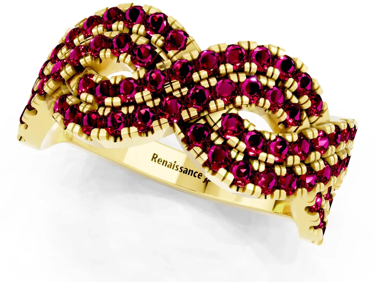 Pavé Round Garnet Infinity Twist Band with Shared Prong Setting Yellow gold