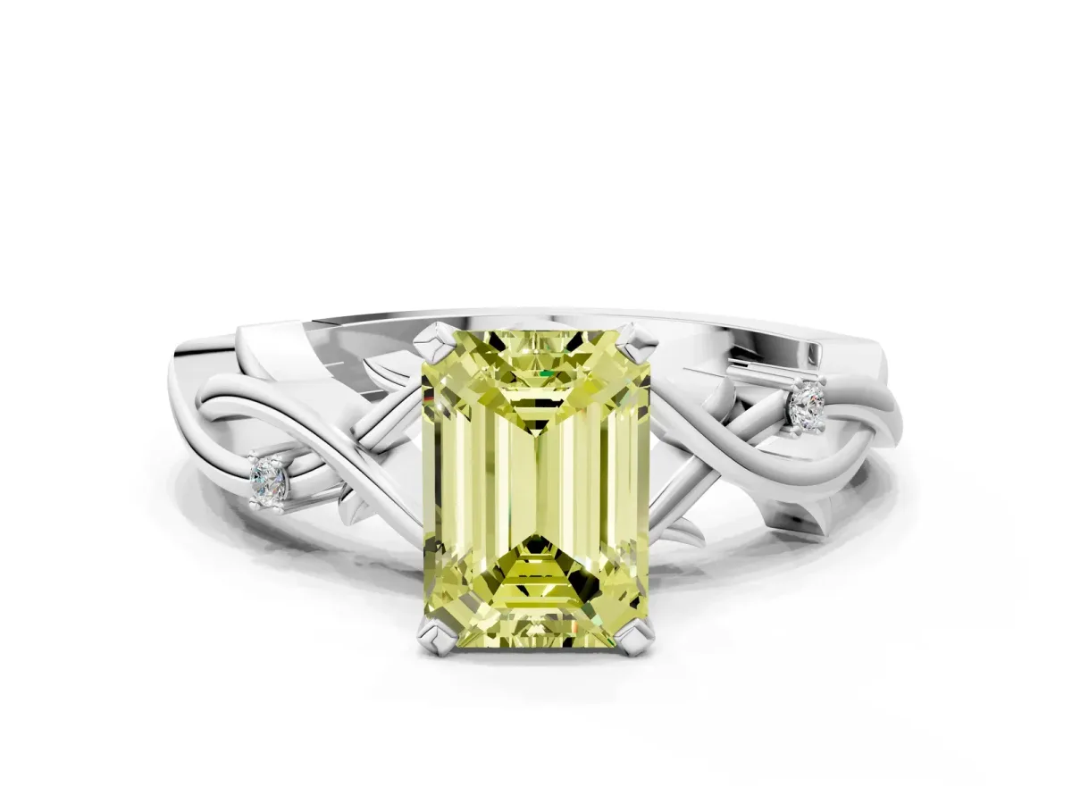 Fancy Yellow Emerald Cut Diamond Solitaire Ring with Twisted Band and Prong Setting White gold