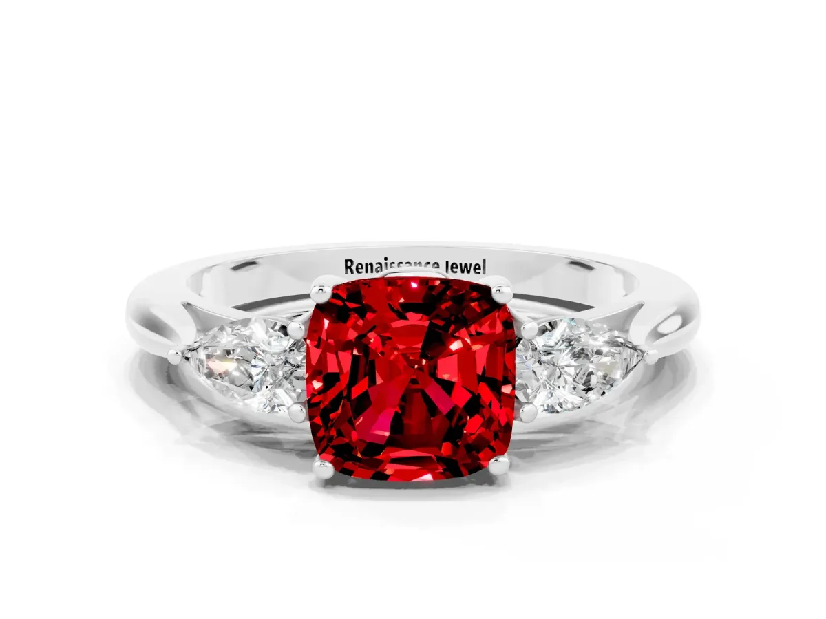 Three-Stone Cushion Cut Ruby Ring with Pear Side Stones in Four-Prong Setting White gold
