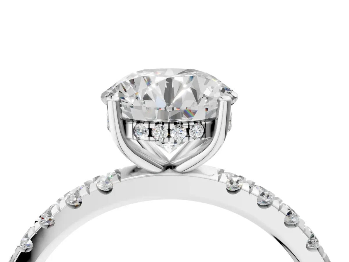 Round Cut Diamond Pave Band Solitaire Ring with Round and Prong Setting Platinum