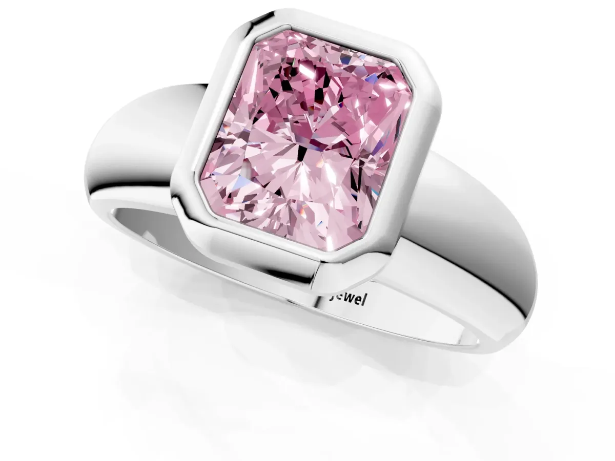 Fancy Pink Bezel Set Radiant Cut Solitaire Ring with Wide Band Platinum