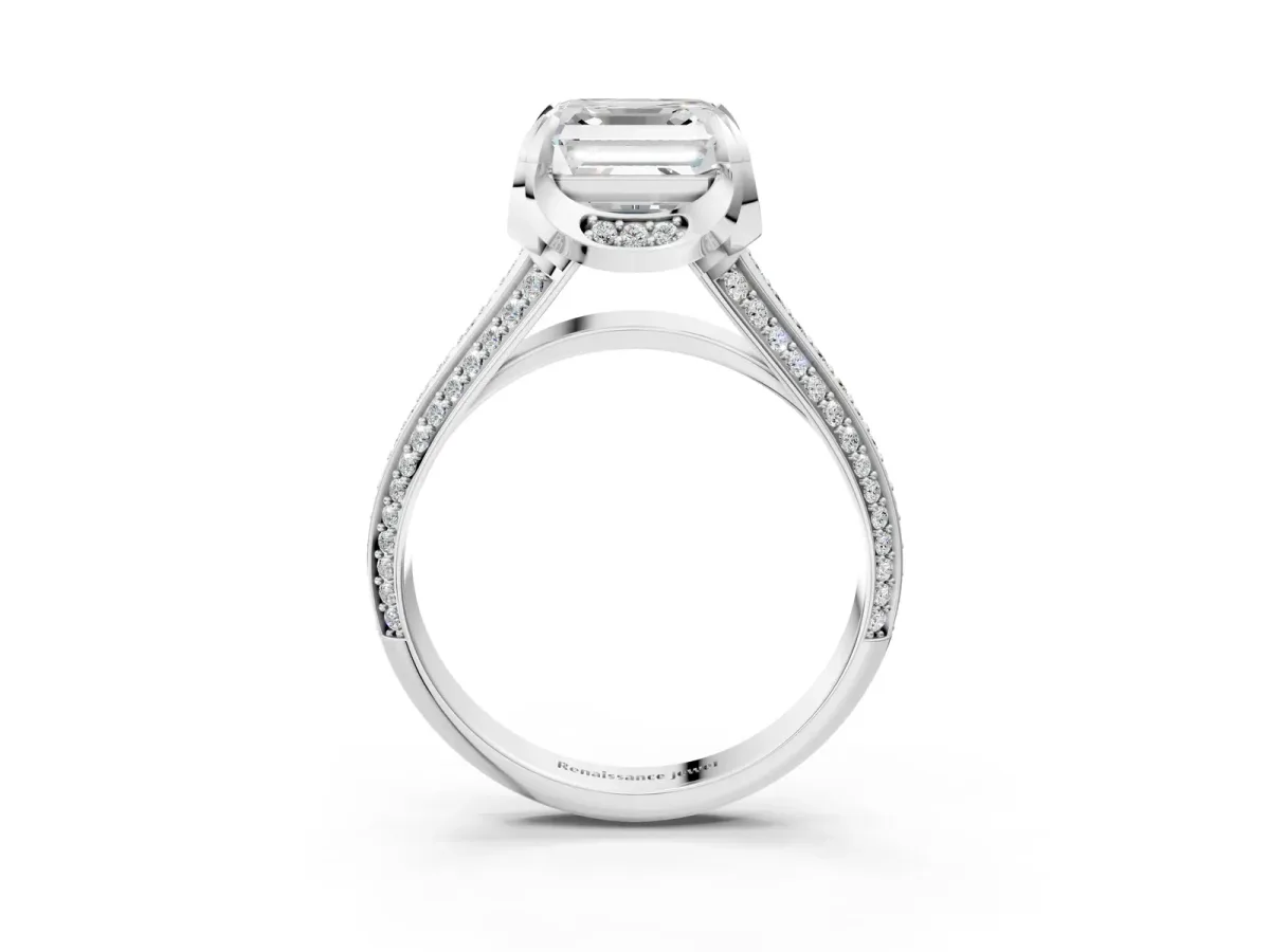 Asscher Cut Solitaire Pave Split Shank Ring with Four-Prong Setting Platinum