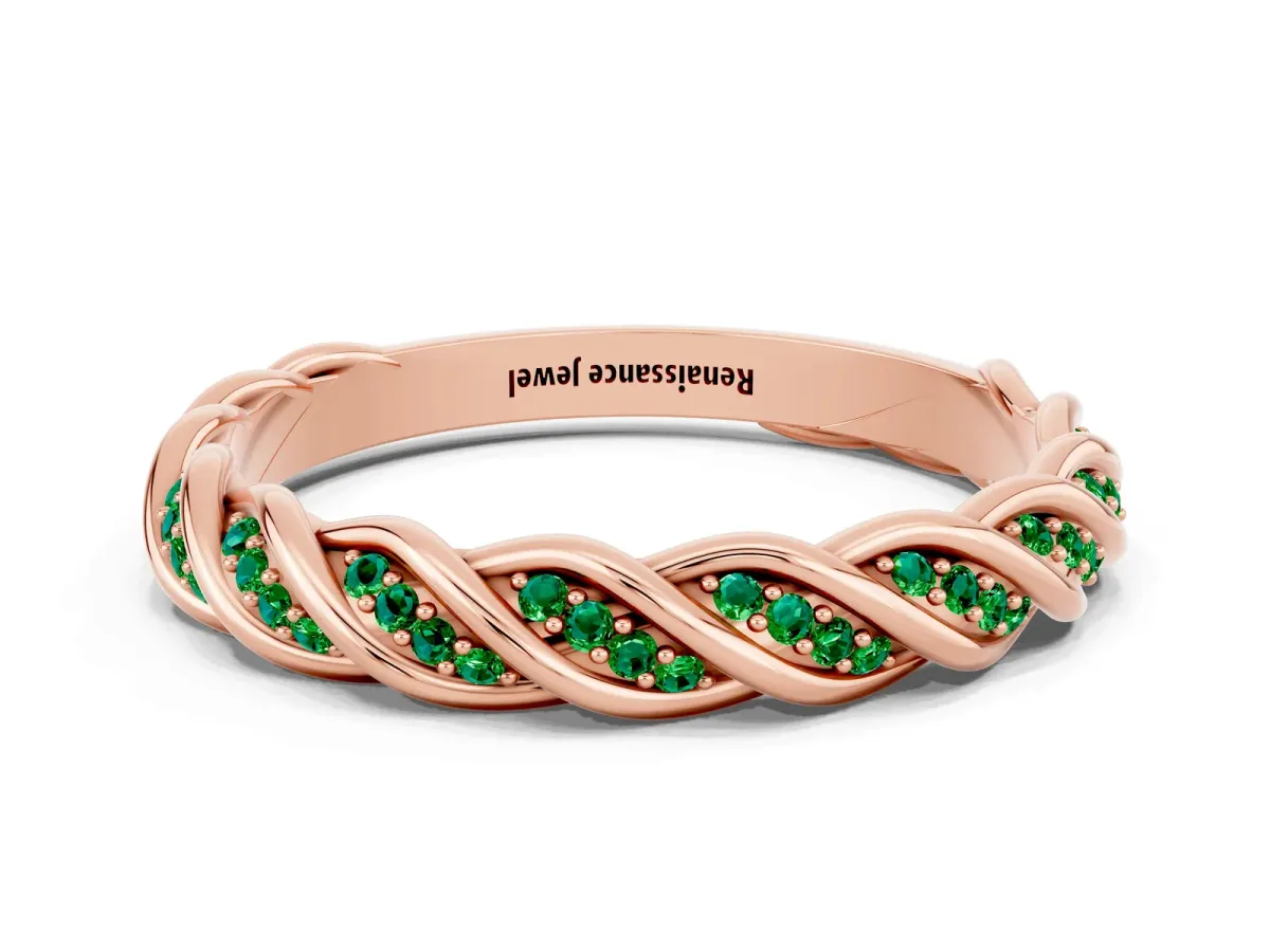 Twisted Pavé Round Emerald Eternity Band with Shared Prong Setting Rose gold